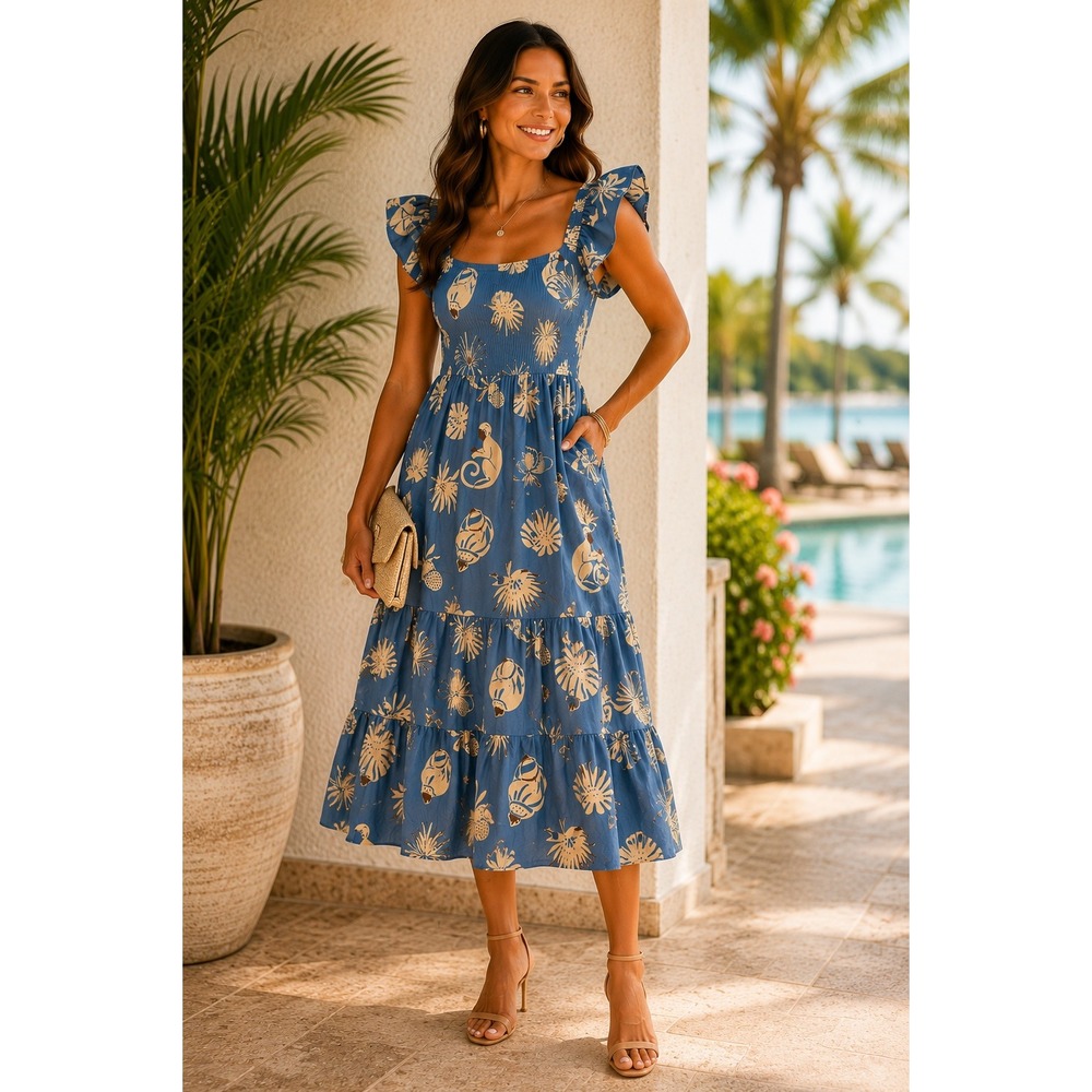 Olivia James The Label Blue Tropical Monkey Shell Smocked Ruffle Midi Dress XS